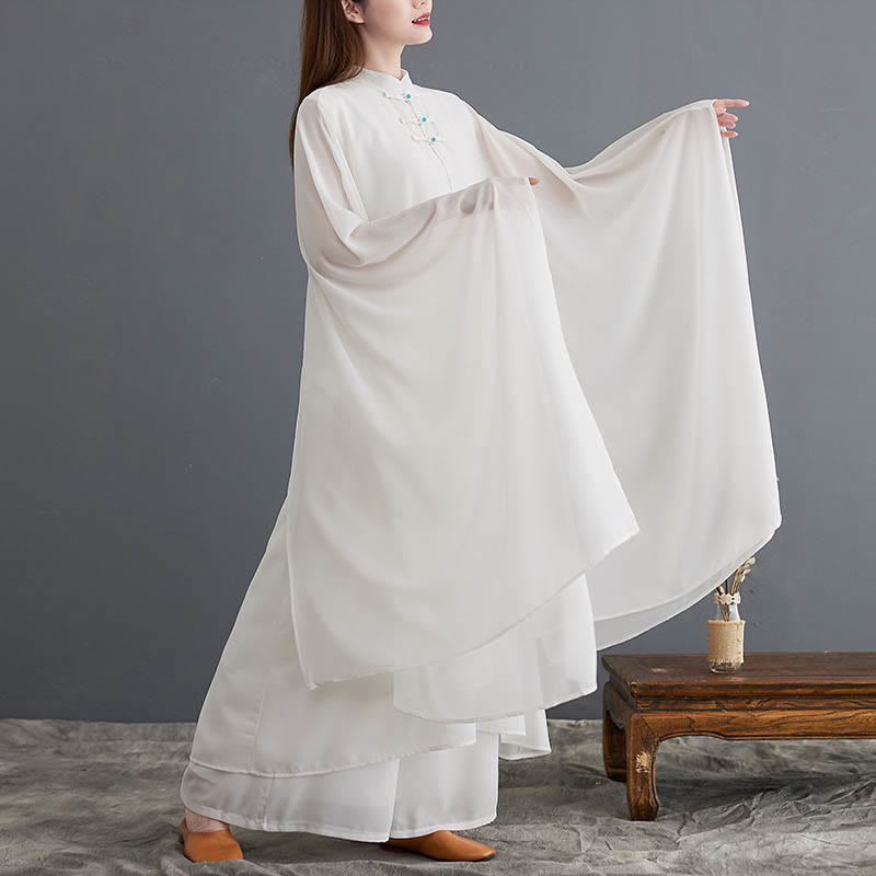 Buddha Stones 2点セット カエルボタン 長袖 ミディドレス ワイドレッグパンツ シフォン 禅風 レディース セット - image 3