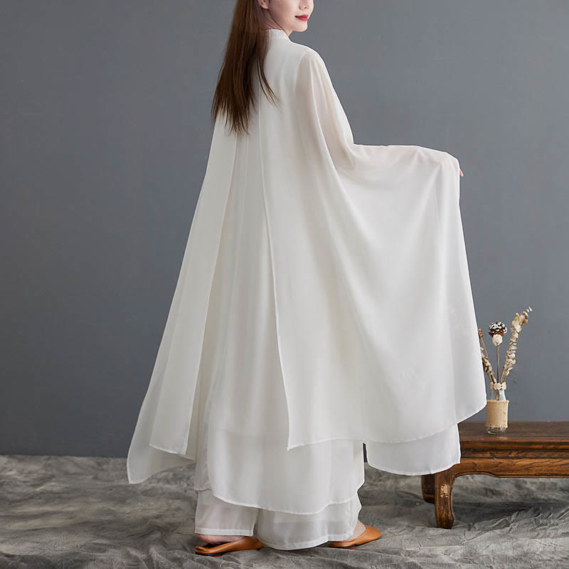 Buddha Stones 2点セット カエルボタン 長袖 ミディドレス ワイドレッグパンツ シフォン 禅風 レディース セット
