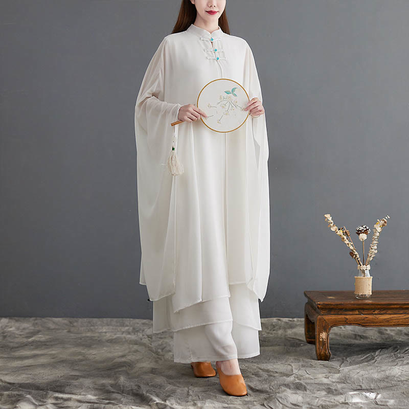 Buddha Stones 2点セット カエルボタン 長袖 ミディドレス ワイドレッグパンツ シフォン 禅風 レディース セット - US12、 UK/AU16、 EU44 (2XL) - image 1