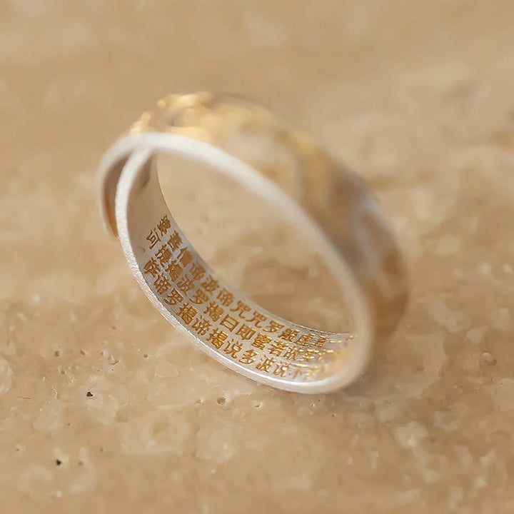 仏陀石 999 スターリングシルバー 金彩 喜びの花模様 平安の般若心経リング - image 2