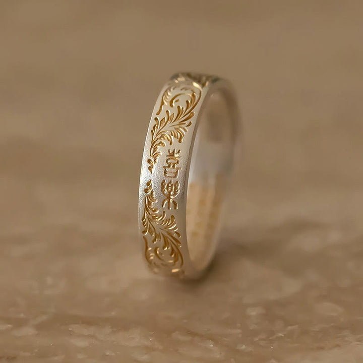 仏陀石 999 スターリングシルバー 金彩 喜びの花模様 平安の般若心経リング - image 7