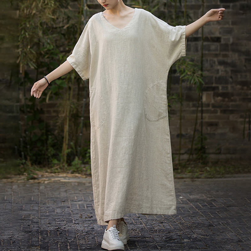 Buddha Stones無地 Vネック ハーフスリーブ ラミーリネン ミディドレス ポケット付き - image 1