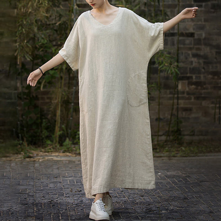 Buddha Stones無地 Vネック ハーフスリーブ ラミーリネン ミディドレス ポケット付き - image 1