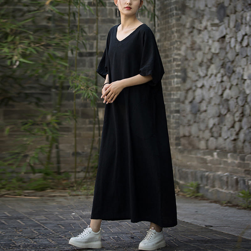 Buddha Stones無地 Vネック ハーフスリーブ ラミーリネン ミディドレス ポケット付き - image 14