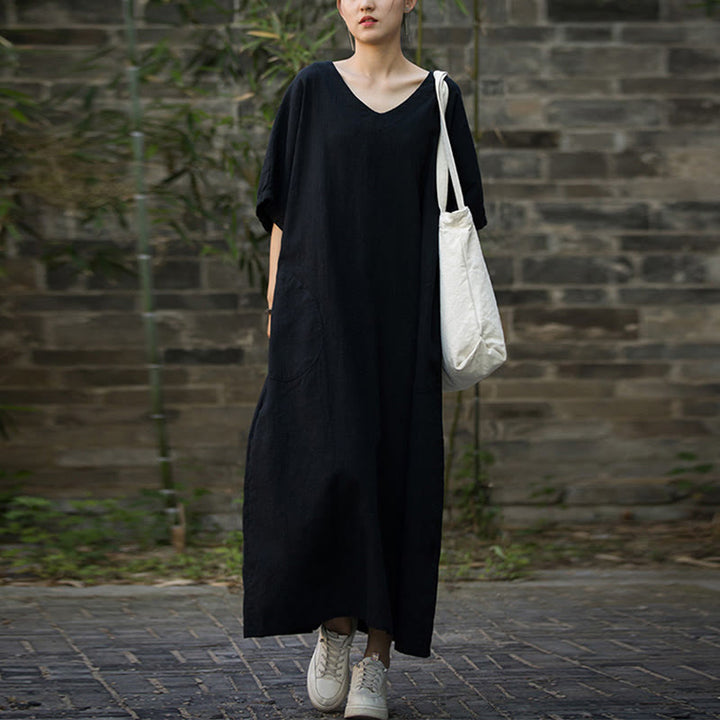 Buddha Stones無地 Vネック ハーフスリーブ ラミーリネン ミディドレス ポケット付き - 黒 - F( US4-14、 UK/AU8-18、EU36-46に適合) - image 10