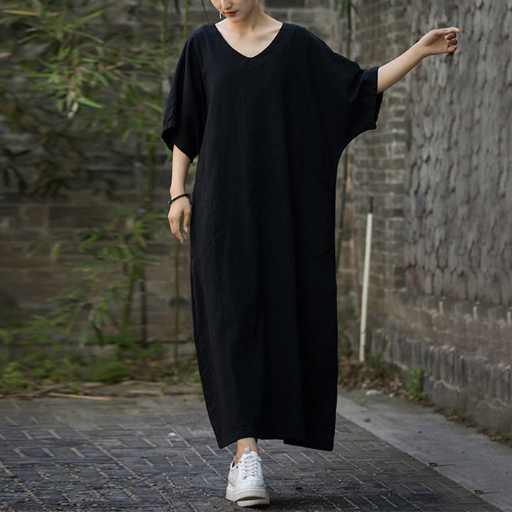 Buddha Stones無地 Vネック ハーフスリーブ ラミーリネン ミディドレス ポケット付き - image 11