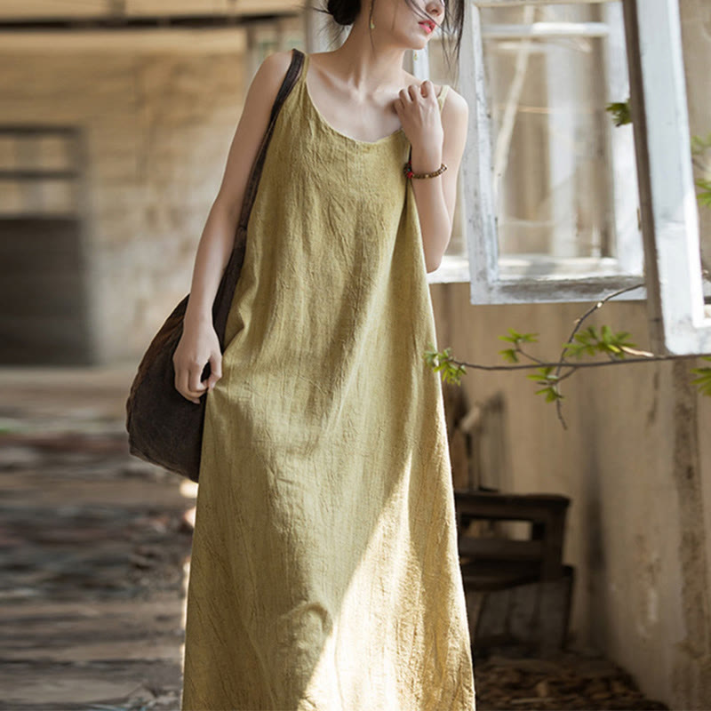 Buddha Stonesのサマースパゲッティストラップハンドメイドタイダイリネンミディキャミワンピース - レモンシフォン - F( US4-8/10、 UK/AU8-12/14、EU36-40/42に適合) - image 0