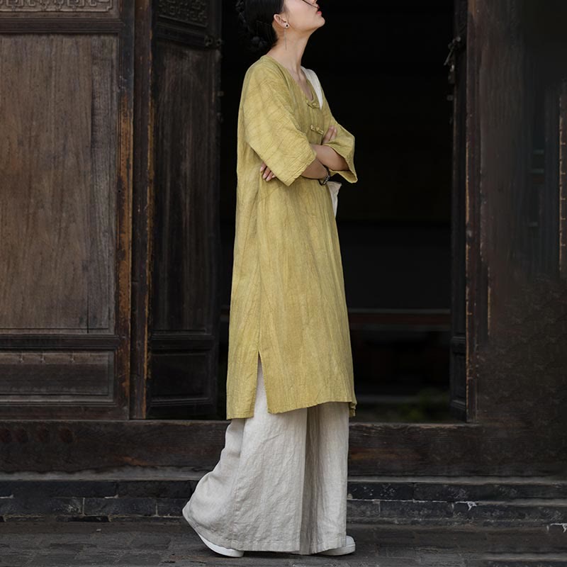 Buddha Stonesハンドメイド タイダイ ラミー リネン フロッグボタン ミディドレス ワイドレッグパンツ ポケット付き - image 25