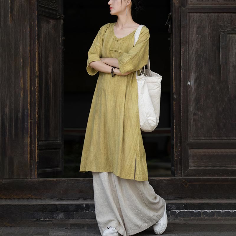 Buddha Stonesハンドメイド タイダイ ラミー リネン フロッグボタン ミディドレス ワイドレッグパンツ ポケット付き - image 26