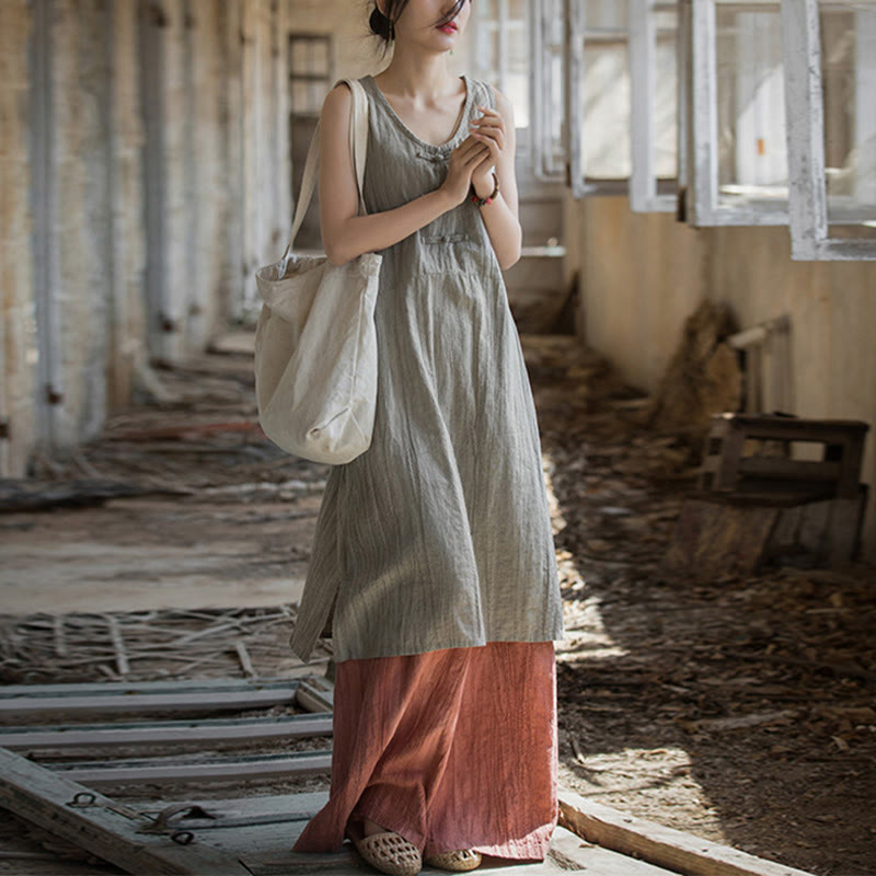 Buddha Stonesフロッグボタン ノースリーブ キャミソール ミディドレス ラミーリネン ワイドレッグパンツ ポケット付き - リネンドレス＆レッドパンツ - US4-8/10、 UK/AU8-12/14、 EU36-40/42 (F) - image 11