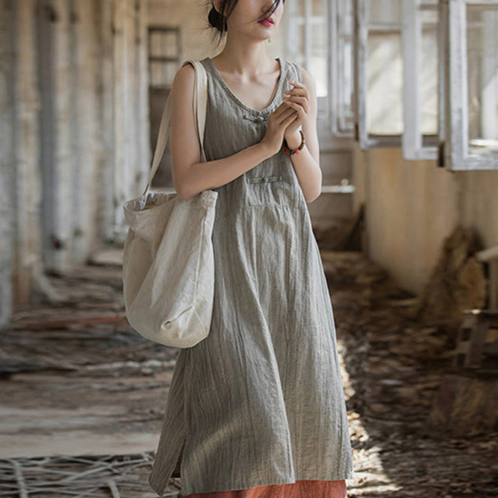 Buddha Stonesフロッグボタン ノースリーブ キャミソール ミディドレス ラミーリネン ワイドレッグパンツ ポケット付き - リネンドレス（ドレスのみ） - US4-8/10、 UK/AU8-12/14、 EU36-40/42 (F) - image 14