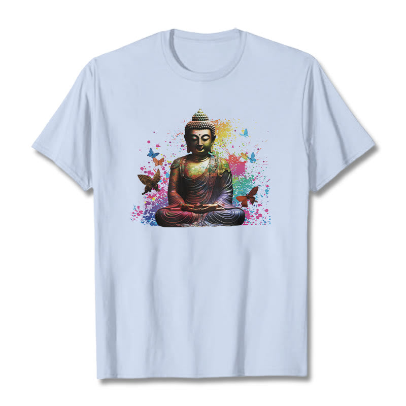 Buddha Stones、カラフルな蝶が飛んでいる瞑想仏陀Tシ​​ャツ - ライトシアン - 2XL - image 18