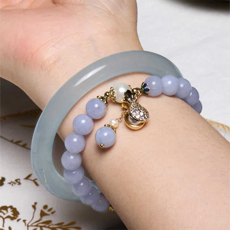 Buddha Stones心の平安とストレス解消 アクアマリン 翡翠 ブルー ブレスレット バングル バンドル - image 1