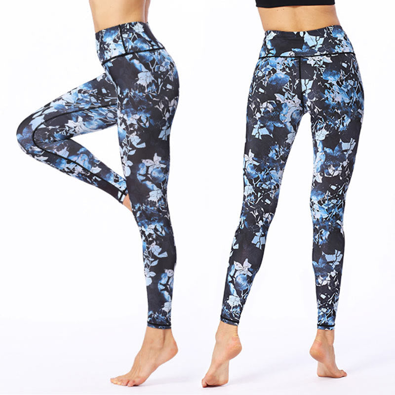Buddha Stonesシンプルリーフプリント スポーツ フィットネス レギンス レディース ヨガパンツ - スカイブルー - US8-10、 UK/AU12-14、 EU40-42 (XL) - image 0