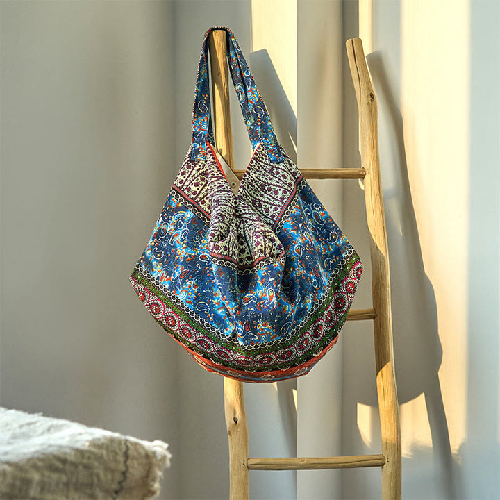 Buddha Stonesカラーストライプ柄コットンショルダーバッグ - オレンジブルー 50*20*40cm - image 1