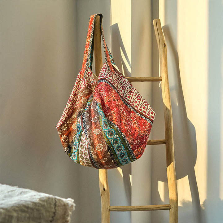 Buddha Stonesカラーストライプ柄コットンショルダーバッグ - オレンジブラウン 50*20*40cm - image 3