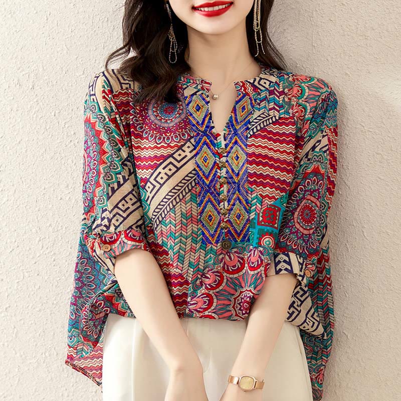 Buddha Stonesレディース マンダラジオメトリー ハーフボタンシャツ - image 1