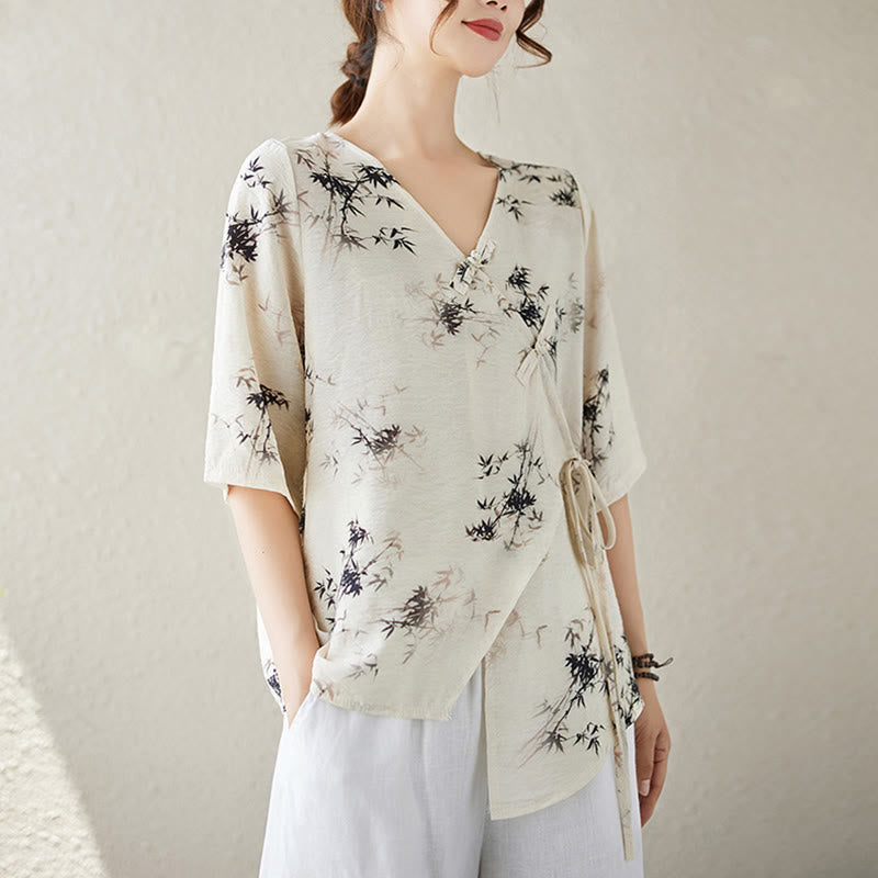 Buddha Stones竹葉プリントVネックレースアップフロッグボタンシャツTシャツ