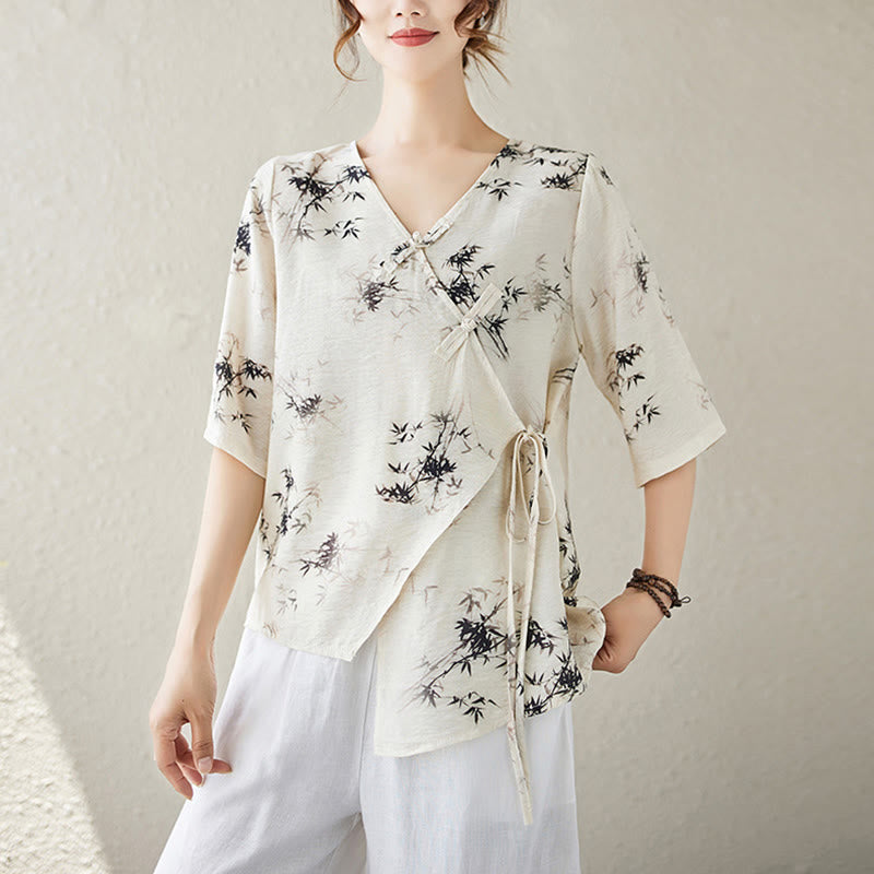 Buddha Stones竹葉プリントVネックレースアップフロッグボタンシャツTシャツ - リネン - XL（ US6、 UK/AU10、EU38に適合） - image 7