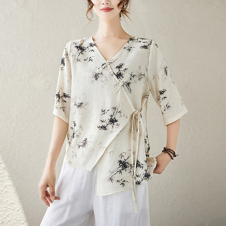 Buddha Stones竹葉プリントVネックレースアップフロッグボタンシャツTシャツ - リネン - XL（ US6、 UK/AU10、EU38に適合） - image 7