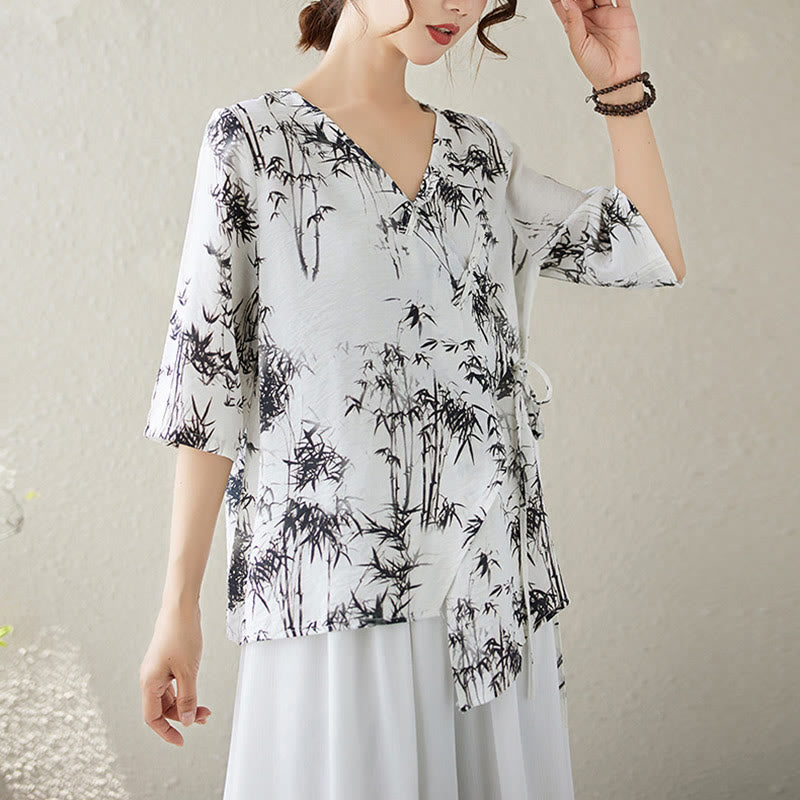 Buddha Stones竹葉プリントVネックレースアップフロッグボタンシャツTシャツ - image 1