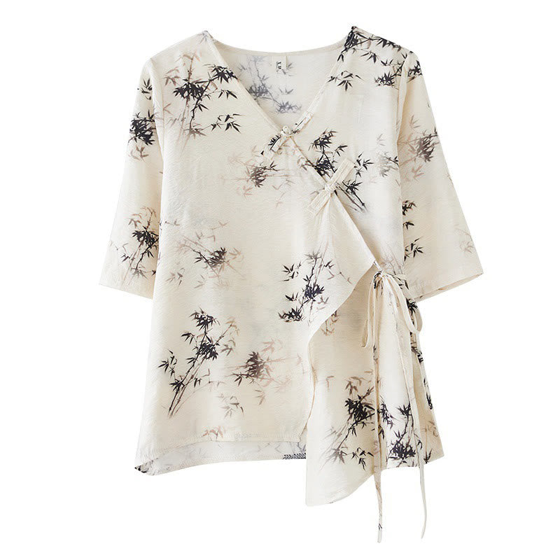 Buddha Stones竹葉プリントVネックレースアップフロッグボタンシャツTシャツ - image 10