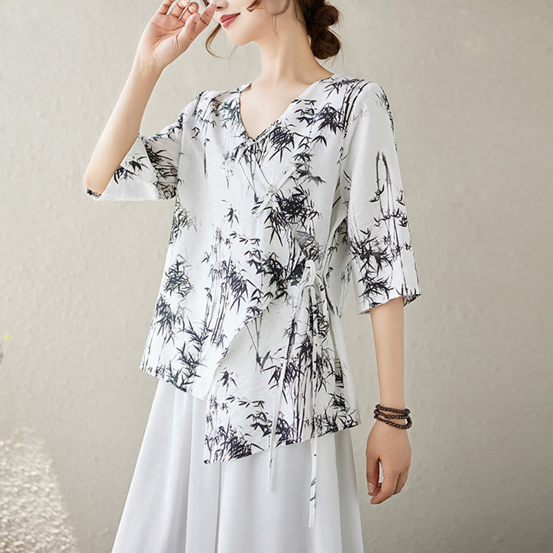 Buddha Stones竹葉プリントVネックレースアップフロッグボタンシャツTシャツ - image 2