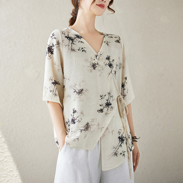 Buddha Stones竹葉プリントVネックレースアップフロッグボタンシャツTシャツ - image 8