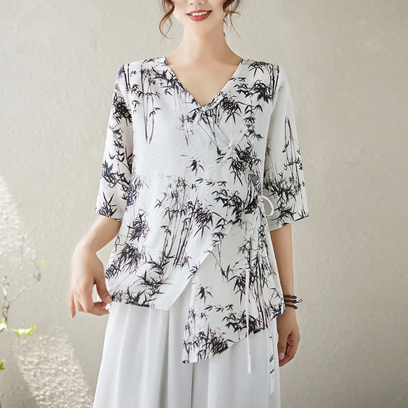 Buddha Stones竹葉プリントVネックレースアップフロッグボタンシャツTシャツ - 雪 - XL（ US6、 UK/AU10、EU38に適合） - image 0