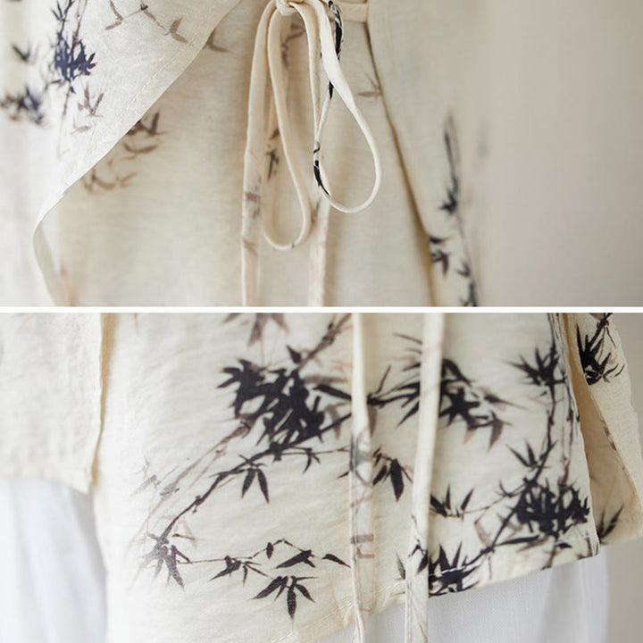 Buddha Stones竹葉プリントVネックレースアップフロッグボタンシャツTシャツ - image 12