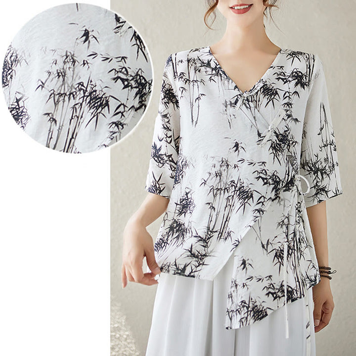 Buddha Stones竹葉プリントVネックレースアップフロッグボタンシャツTシャツ - image 4