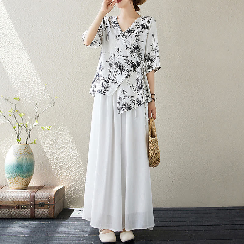 Buddha Stones竹葉プリントVネックレースアップフロッグボタンシャツTシャツ - image 5