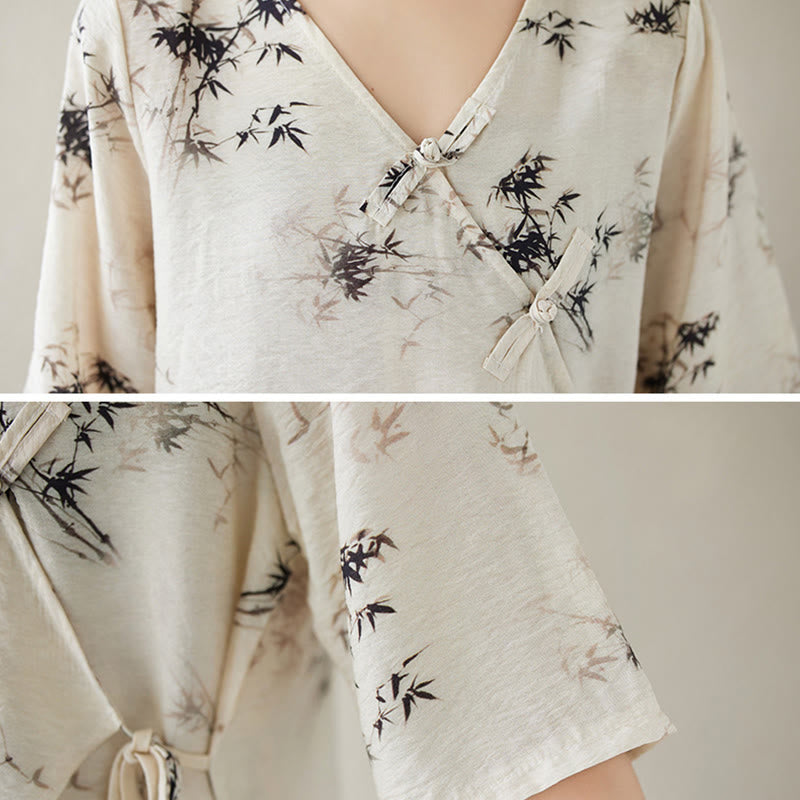 Buddha Stones竹葉プリントVネックレースアップフロッグボタンシャツTシャツ - image 11