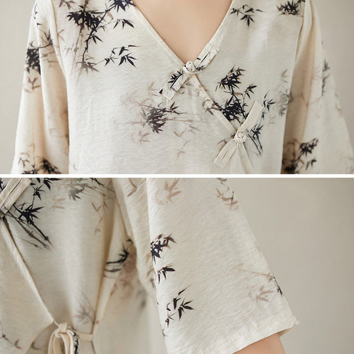 Buddha Stones竹葉プリントVネックレースアップフロッグボタンシャツTシャツ - image 11