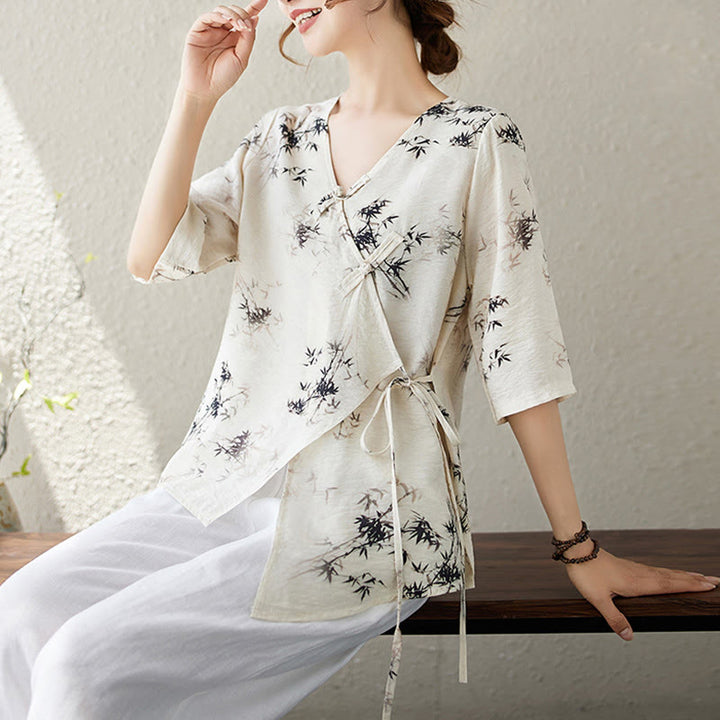 Buddha Stones竹葉プリントVネックレースアップフロッグボタンシャツTシャツ - image 9