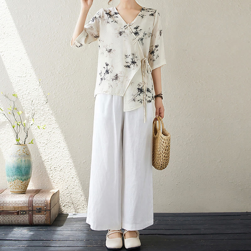 Buddha Stones竹葉プリントVネックレースアップフロッグボタンシャツTシャツ - image 18