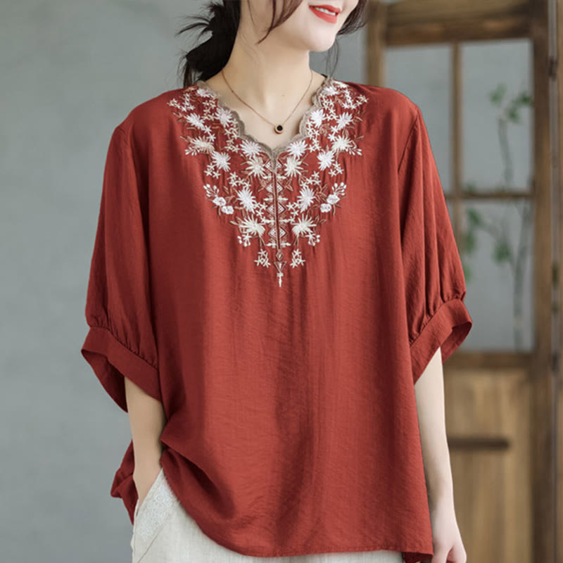 Buddha Stones小花刺繍 Vネック 半袖 コットンリネン Tシャツ - トマト - F( US4-8/10、 UK/AU8-12/14、EU36-40/42に適合) - image 2