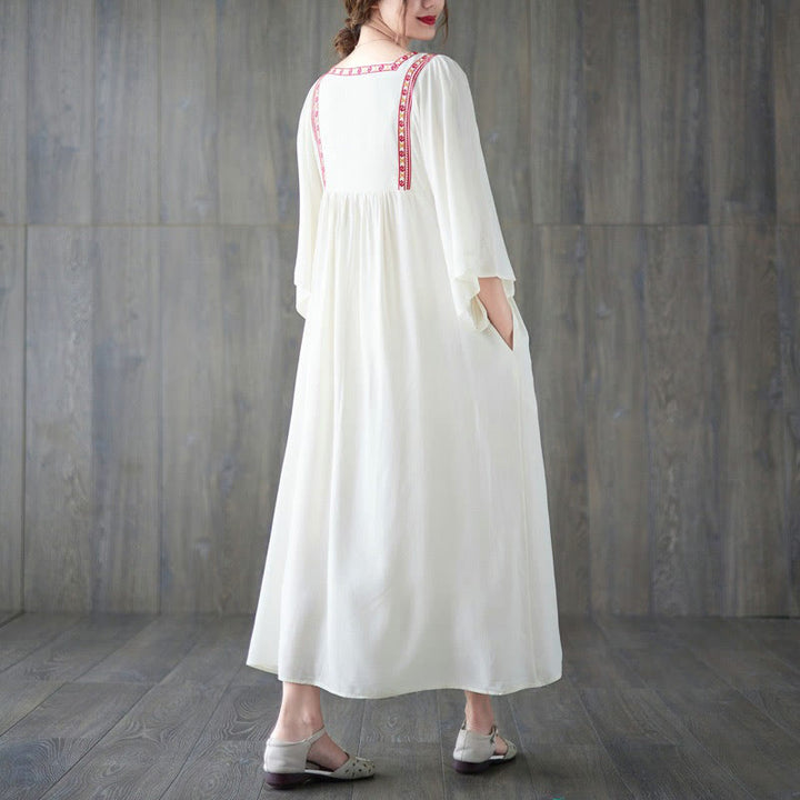 Buddha Stones刺繍入りノッチラッフルヘムミディドレス（ポケット付き） - image 2