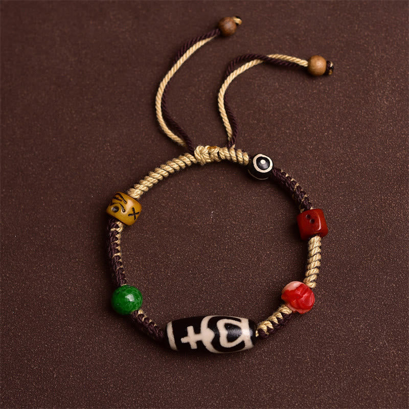 Buddha Stones手作り チベット Dzi ビーズ 富 編み込み ロープ ブレスレット