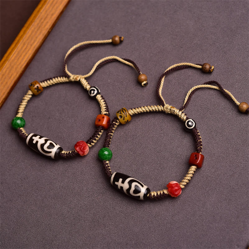 Buddha Stones手作り チベット Dzi ビーズ 富 編み込み ロープ ブレスレット