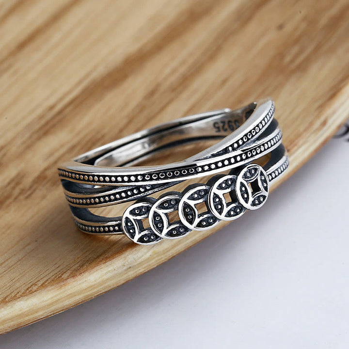 Buddha Stones925スターリングシルバー 銅貨 富の祝福 調節可能なリング - image 1