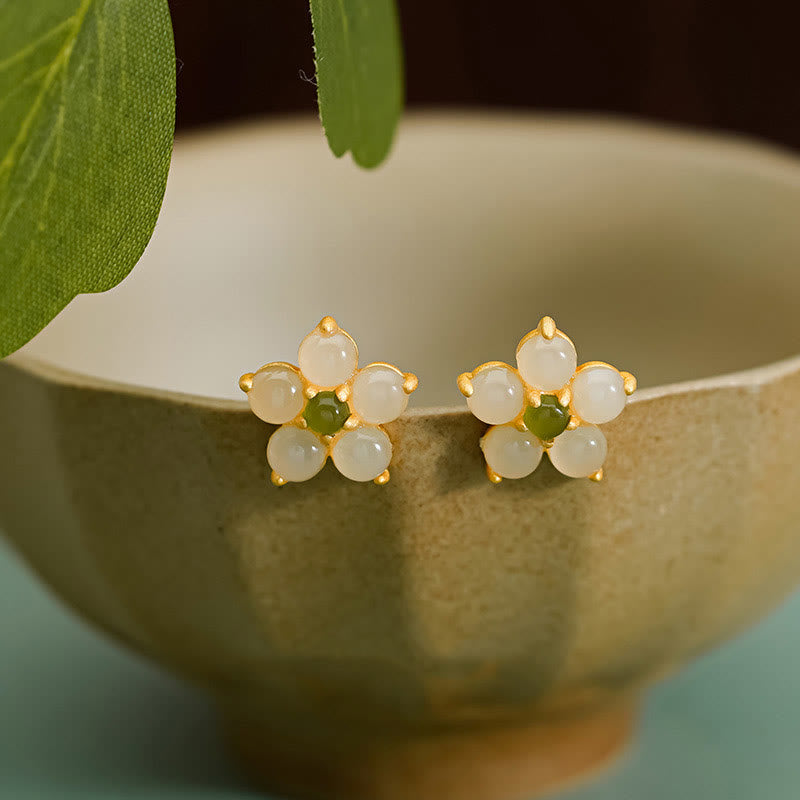 Buddha Stones925スターリングシルバー 和田翡翠 幸運の花 スタッドピアス - 925スターリングシルバー＆和田翡翠 - image 0