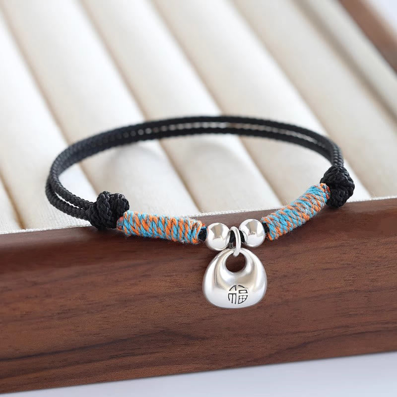 Buddha Stonesハンドメイド925スターリングシルバーフーキャラクター安全と幸運編みブレスレット - ブラックロープ（手首周り14～26cm） - image 0