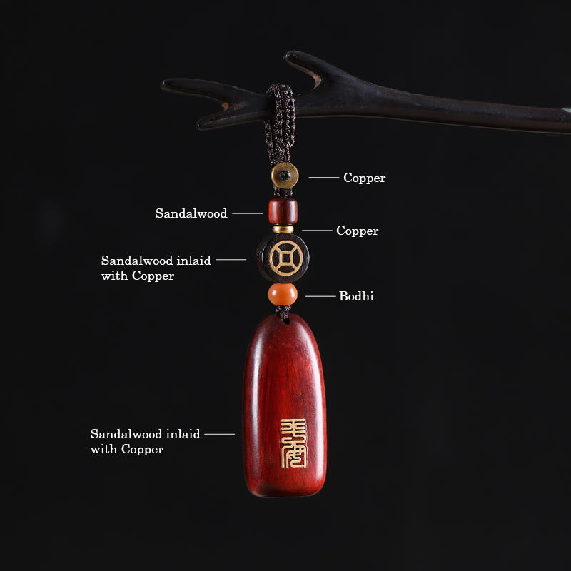 Buddha Stones小葉 紫檀 黒檀 平和 縁起の良い銅貨 守護キーホルダー