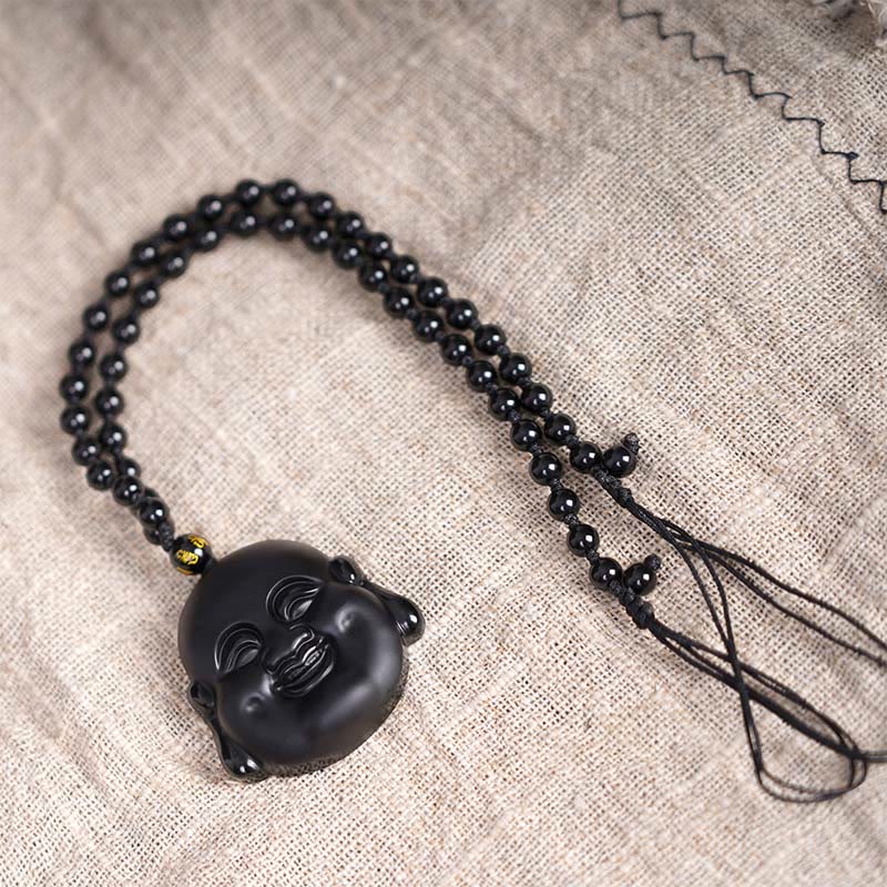 Buddha Stones天然黒曜石 笑う仏陀 浄化ネックレスペンダント