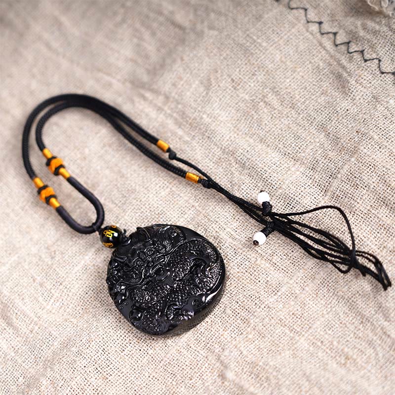 Buddha Stones天然黒曜石ラウンドドラゴン彫刻保護ネックレスペンダント - image 7