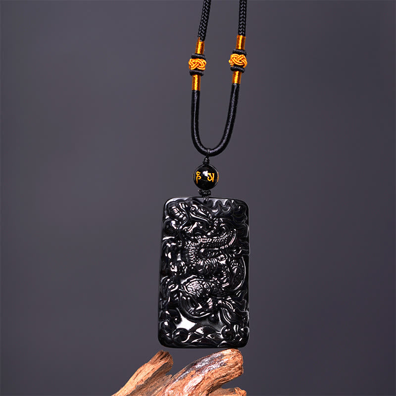 Buddha Stones天然黒曜石 長方形 龍彫り 成功のネックレスペンダント - image 4