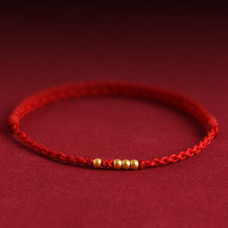 Buddha Stones999 ゴールドビーズ 幸運 編み込み 守護 カップルブレスレット - 赤いロープ（金色のビーズ1個と3個） - 24cm - image 0