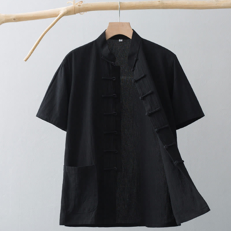 Buddha Stones中国風 カエルボタン 唐装 メンズ 半袖シャツ コットンリネン ポケット付き - 黒 - US/UK/AU44、 EU54 (4XL) - image 15
