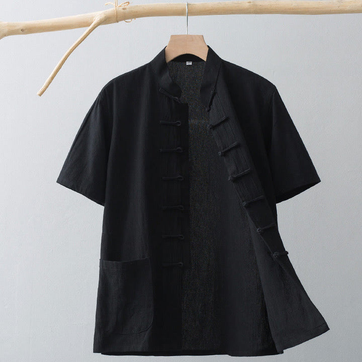 Buddha Stones中国風 カエルボタン 唐装 メンズ 半袖シャツ コットンリネン ポケット付き - 黒 - US/UK/AU44、 EU54 (4XL) - image 15